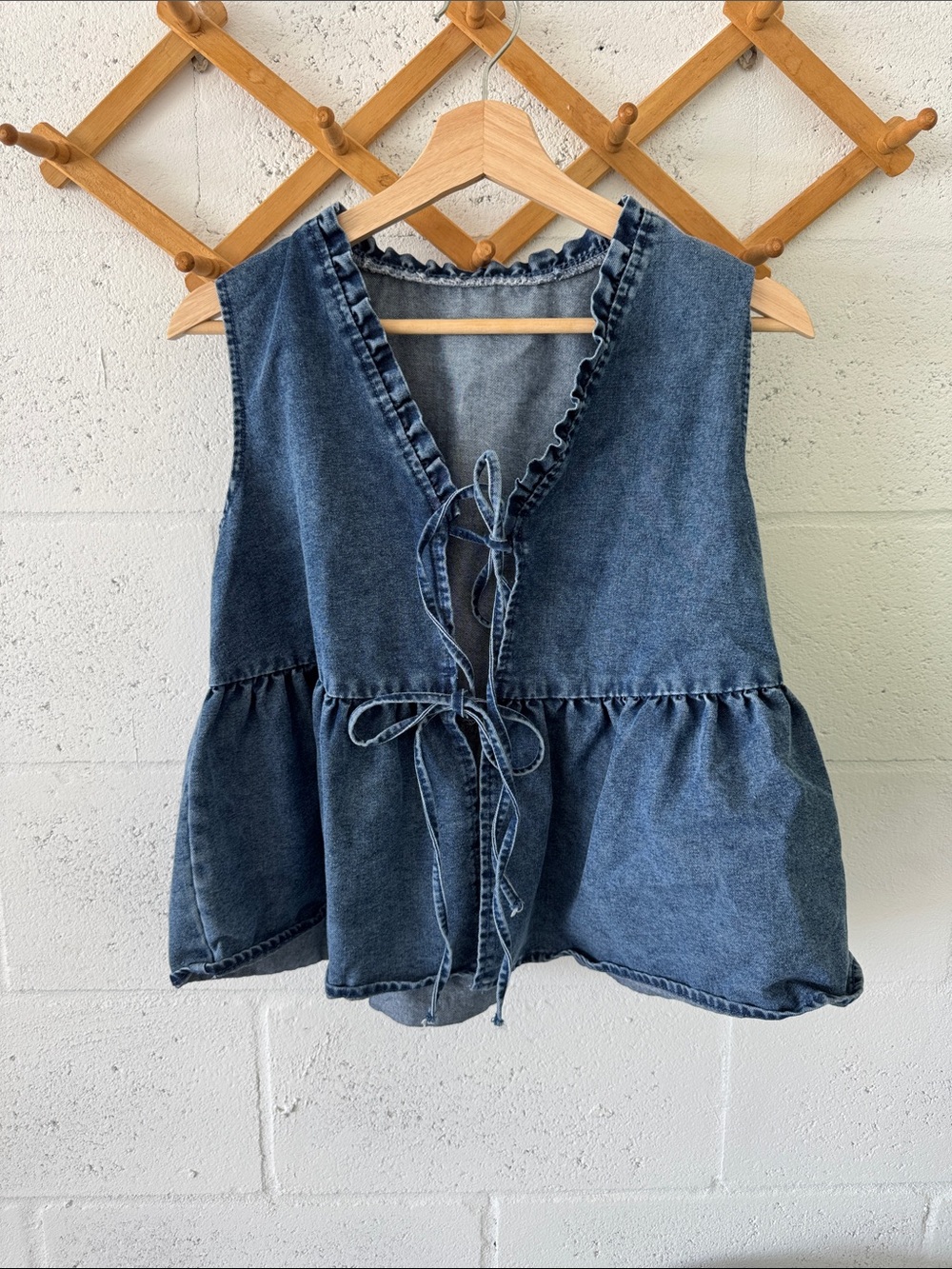 Boho Denim Peplum Tie-Front Sleeveless Top - Blue
